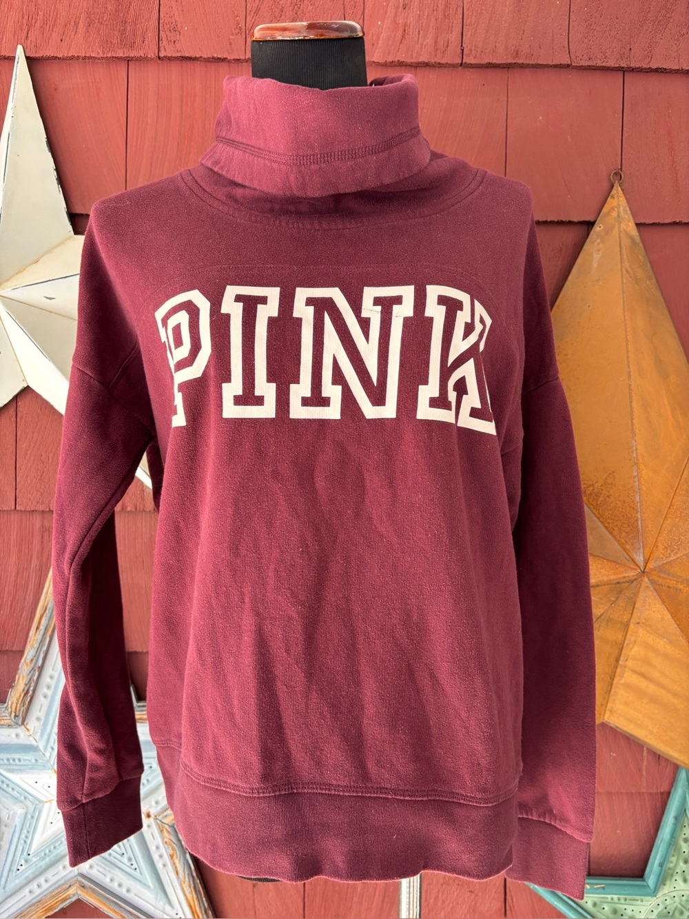 Victorias Secret PINK Logo Cowl Neck Sweatshirt Burgundy Maroon Pullover Size S